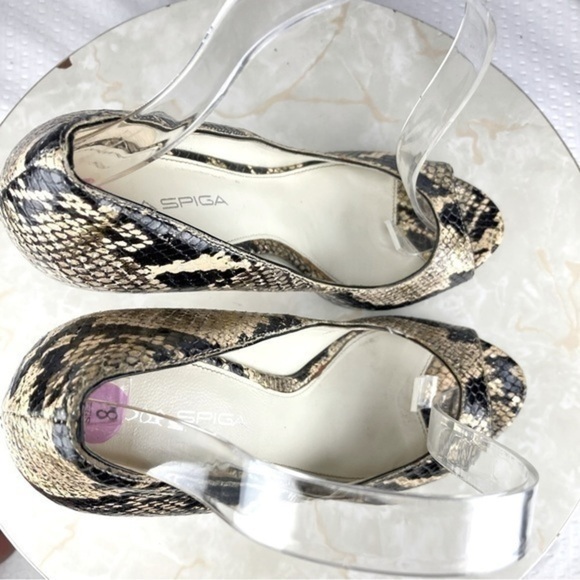 Via Spiga Snake Peep Toe Heels Womens Size 8 Black Tan Career Professional Pumps - Picture 5 of 10